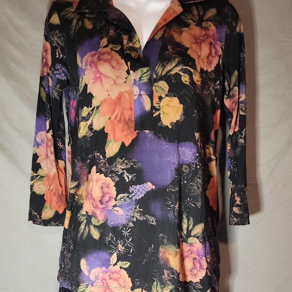 Johnny Was Black Floral Long Sleeve Blouse